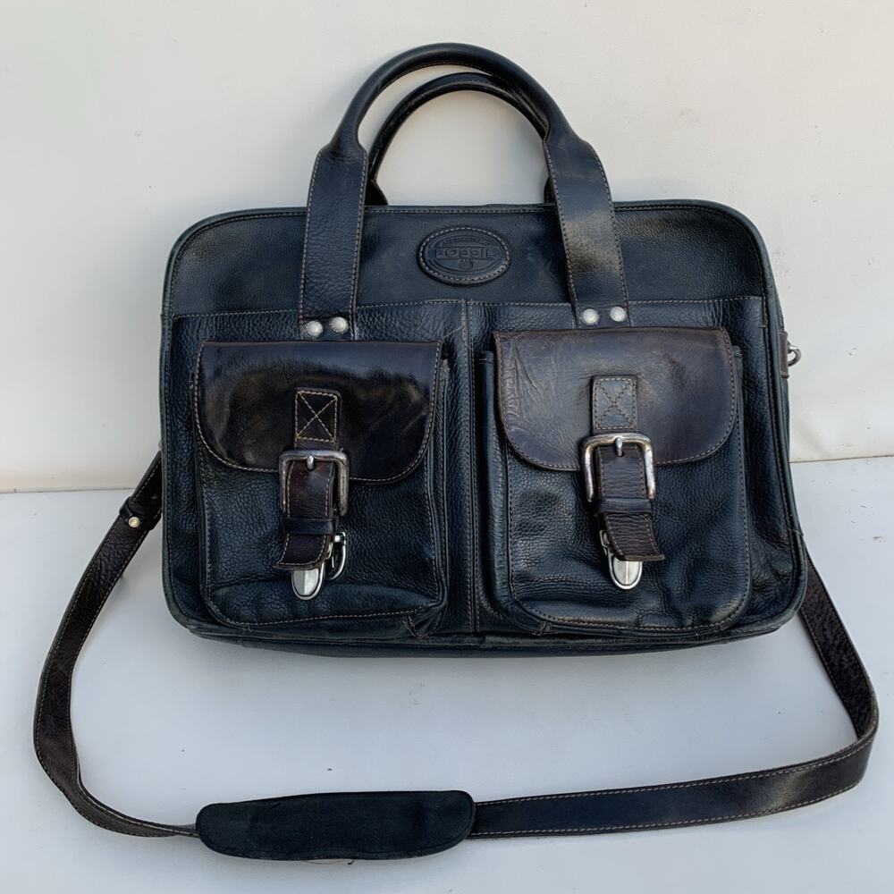 Fossil Genuine Leather Briefcase Laptop Bag Black
